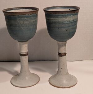Vintage MCM Studio Pottery Chalice Wine Goblet Earth Tones/Blue Stoneware.